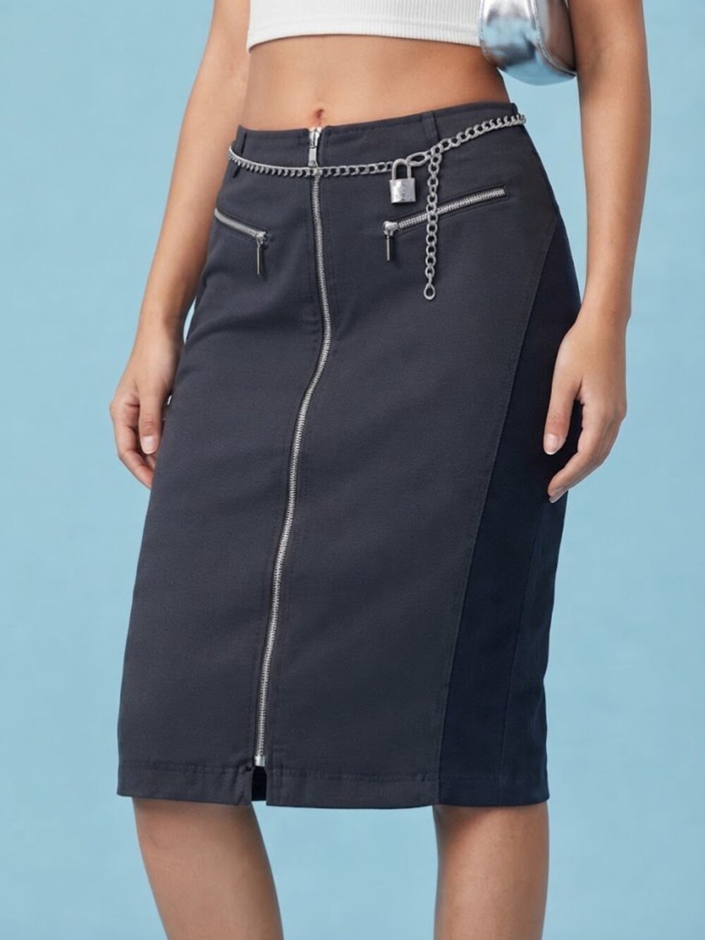 Navy Zip-Front Pencil Skirt with Side Panels